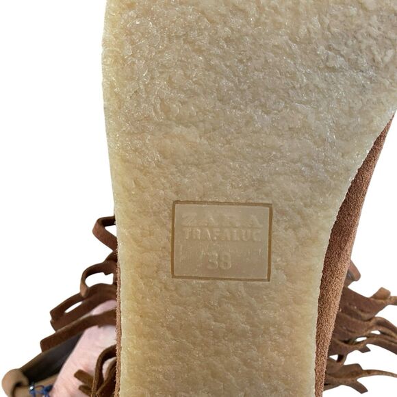 Zara Trafaluc Suede Booties 8 EU 38 Brown Fringed Moccasin Lace Up - Picture 5 of 9